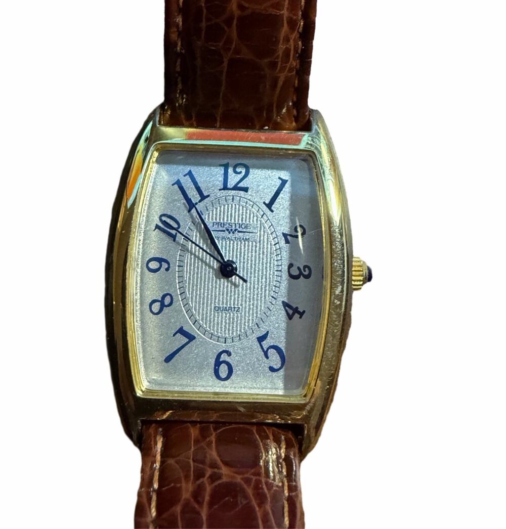 Prestige by Waltham Gold Tone Quartz Watch Leather Strap Tonneau Case